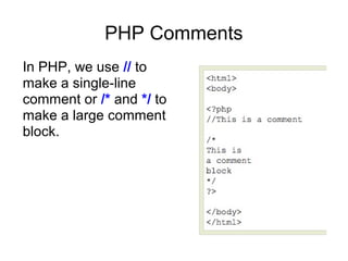 PHP Comments
In PHP, we use // to
make a single-line
comment or /* and */ to
make a large comment
block.
 