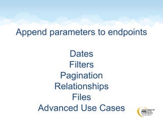 Append parameters to endpoints
Dates
Filters
Pagination
Relationships
Files
Advanced Use Cases
 