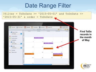 ?filter = ToDoDate >= '2015-05-01’ and ToDoDate <=
'2015-05-31’ & order = ToDoDate
Date Range Filter
Find ToDo
records in
the month
of May
 