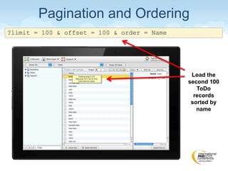 ?limit = 100 & offset = 100 & order = Name
Pagination and Ordering
Load the
second 100
ToDo
records
sorted by
name
 