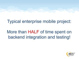 Typical enterprise mobile project:
More than HALF of time spent on
backend integration and testing!
 