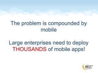 The problem is compounded by
mobile
Large enterprises need to deploy
THOUSANDS of mobile apps!
 