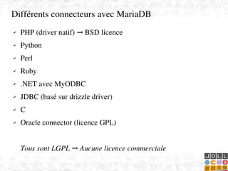    
✔ PHP (driver natif)   BSD licence→
✔ Python
✔ Perl
✔ Ruby
✔ .NET avec MyODBC 
✔ JDBC (basé sur drizzle driver)
✔ C
✔ Oracle connector (licence GPL)
Tous sont LGPL   Aucune licence commerciale→
Différents connecteurs avec MariaDB
 