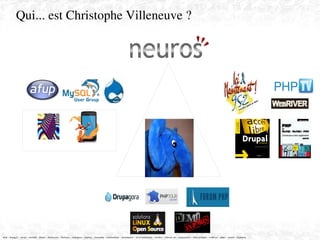 Qui... est Christophe Villeneuve ?
<<
afup – lemug.fr – mysql – mariadb – drupal – demoscene – firefoxos – drupagora – phptour – forumphp – solutionlinux – demoinparis – ici et maintenant – eyrolles – editions eni – programmez – linux pratique – webriver – phptv – neuros ­ elephpant
 