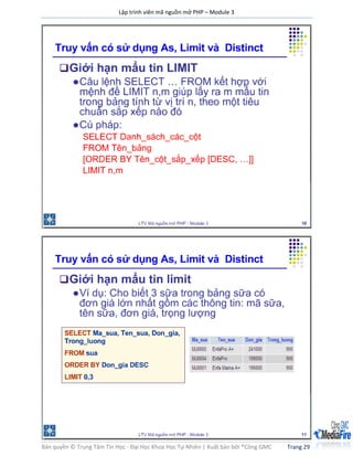 Lập trình viên mã nguồn mở PHP – Module 3
Bản quyền © Trung Tâm Tin Học - Đại Học Khoa Học Tự Nhiên | Xuất bản bởi ®Công GMC Trang 29
 