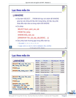 Lập trình viên mã nguồn mở PHP – Module 3
Bản quyền © Trung Tâm Tin Học - Đại Học Khoa Học Tự Nhiên | Xuất bản bởi ®Công GMC Trang 31
 