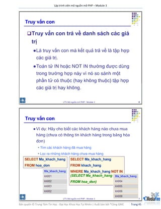 Lập trình viên mã nguồn mở PHP – Module 3
Bản quyền © Trung Tâm Tin Học - Đại Học Khoa Học Tự Nhiên | Xuất bản bởi ®Công GMC Trang 45
 