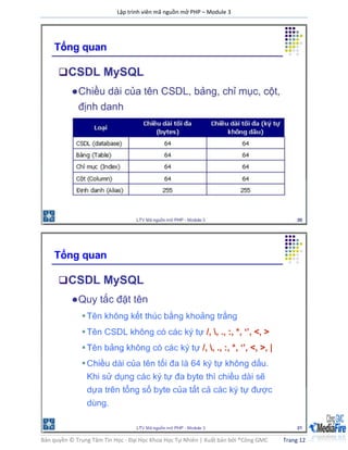 Lập trình viên mã nguồn mở PHP – Module 3
Bản quyền © Trung Tâm Tin Học - Đại Học Khoa Học Tự Nhiên | Xuất bản bởi ®Công GMC Trang 12
 
