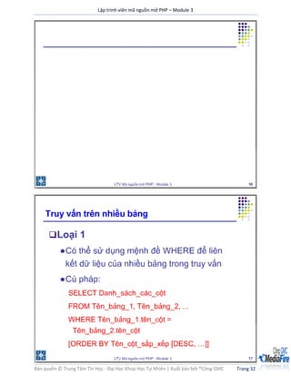 Lập trình viên mã nguồn mở PHP – Module 3
Bản quyền © Trung Tâm Tin Học - Đại Học Khoa Học Tự Nhiên | Xuất bản bởi ®Công GMC Trang 32
 