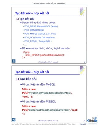 Lập trình viên mã nguồn mở PHP – Module 3
Bản quyền © Trung Tâm Tin Học - Đại Học Khoa Học Tự Nhiên | Xuất bản bởi ®Công GMC Trang 63
 
