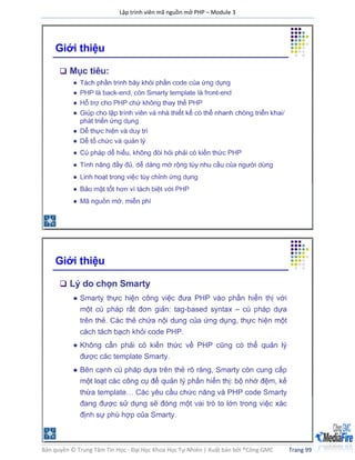 Lập trình viên mã nguồn mở PHP – Module 3
Bản quyền © Trung Tâm Tin Học - Đại Học Khoa Học Tự Nhiên | Xuất bản bởi ®Công GMC Trang 99
 