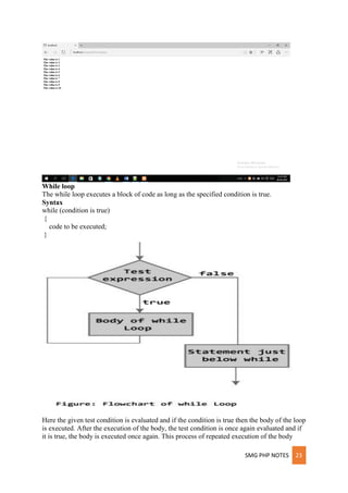 SMG PHP NOTES 23
While loop
The while loop executes a block of code as long as the specified condition is true.
Syntax
while (condition is true)
{
code to be executed;
}
Here the given test condition is evaluated and if the condition is true then the body of the loop
is executed. After the execution of the body, the test condition is once again evaluated and if
it is true, the body is executed once again. This process of repeated execution of the body
 