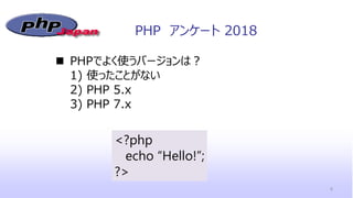 PHP アンケート 2018
 PHPでよく使うバージョンは？
1) 使ったことがない
2) PHP 5.x
3) PHP 7.x
8
<?php
echo “Hello!”;
?>
 