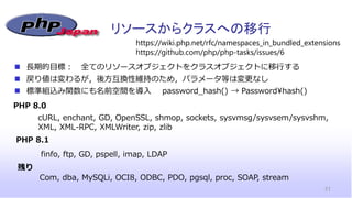 リソースからクラスへの移行
31
◼ 長期的目標： 全てのリソースオブジェクトをクラスオブジェクトに移行する
◼ 戻り値は変わるが，後方互換性維持のため，パラメータ等は変更なし
◼ 標準組込み関数にも名前空間を導入 password_hash() → Password¥hash()
https://wiki.php.net/rfc/namespaces_in_bundled_extensions
https://github.com/php/php-tasks/issues/6
PHP 8.0
PHP 8.1
cURL, enchant, GD, OpenSSL, shmop, sockets, sysvmsg/sysvsem/sysvshm,
XML, XML-RPC, XMLWriter, zip, zlib
finfo, ftp, GD, pspell, imap, LDAP
残り
Com, dba, MySQLi, OCI8, ODBC, PDO, pgsql, proc, SOAP, stream
 