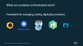© 2017, Amazon Web Services, Inc. or its Affiliates. All rights reserved.
What are container orchestration tools?
Framework for managing, scaling, deploying containers.
 
