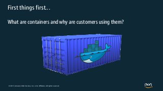 © 2017, Amazon Web Services, Inc. or its Affiliates. All rights reserved.
First things first…
What are containers and why are customers using them?
 