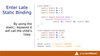 Enter Late
Static Binding
By using the
static:: keyword it
will call the child’s
copy.
class Color {
public static $r = 0;
public static $g = 0;
public static $b = 0;
public static function hex() {
printf("#%02x%02x%02xn",
static::$r, static::$g, static::$b);
}
}
class Purple extends Color{
public static $r = 78;
public static $g = 0;
public static $b = 142;
}
Color::hex(); // Outputs: #000000
Purple::hex(); // Outputs: #4e008e - Right!
 