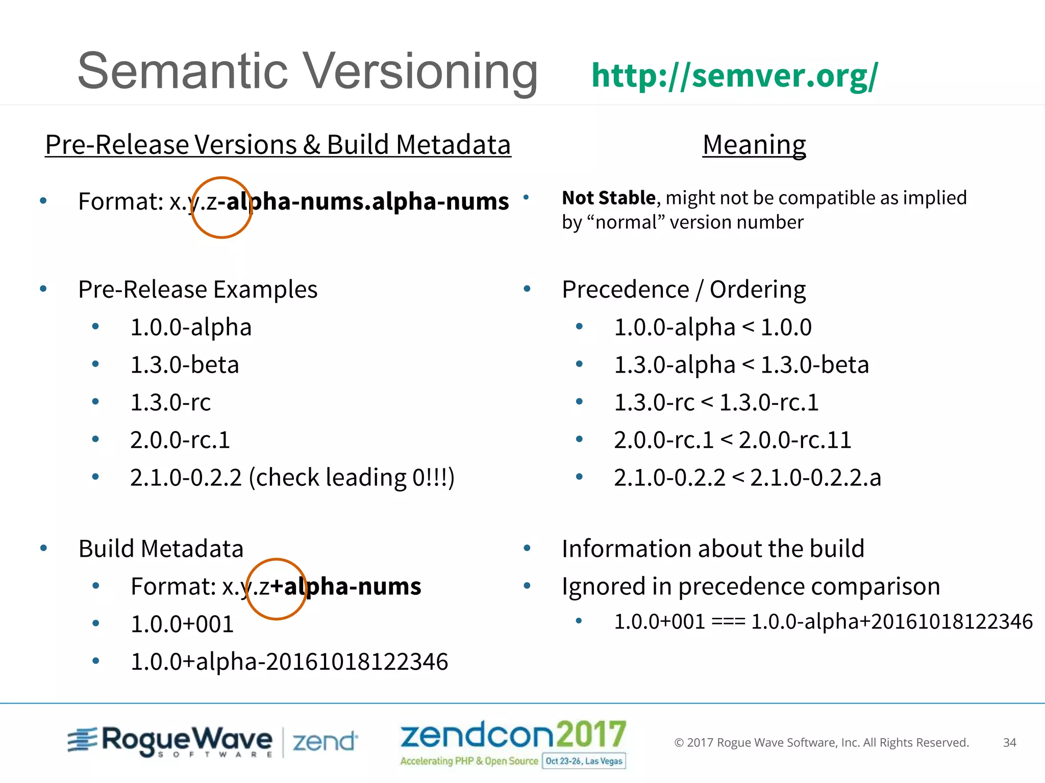 © 2017 Rogue Wave Software, Inc. All Rights Reserved. 34
Semantic Versioning http://semver.org/
MeaningPre-Release Versions & Build Metadata
• Not Stable, might not be compatible as implied
by “normal” version number
• Format: x.y.z-alpha-nums.alpha-nums
• Precedence / Ordering
• 1.0.0-alpha < 1.0.0
• 1.3.0-alpha < 1.3.0-beta
• 1.3.0-rc < 1.3.0-rc.1
• 2.0.0-rc.1 < 2.0.0-rc.11
• 2.1.0-0.2.2 < 2.1.0-0.2.2.a
• Pre-Release Examples
• 1.0.0-alpha
• 1.3.0-beta
• 1.3.0-rc
• 2.0.0-rc.1
• 2.1.0-0.2.2 (check leading 0!!!)
• Information about the build
• Ignored in precedence comparison
• 1.0.0+001 === 1.0.0-alpha+20161018122346
• Build Metadata
• Format: x.y.z+alpha-nums
• 1.0.0+001
• 1.0.0+alpha-20161018122346
 