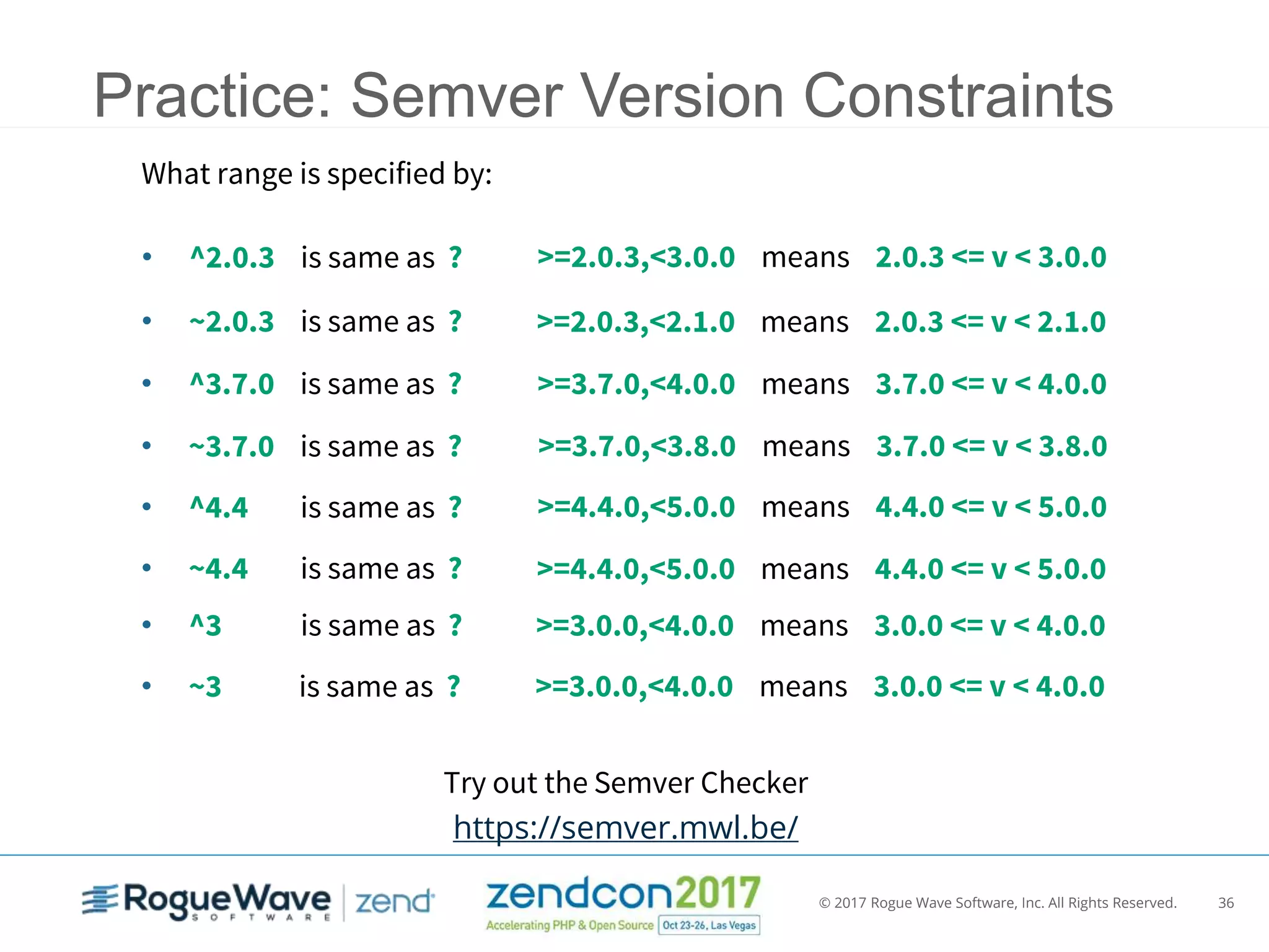 © 2017 Rogue Wave Software, Inc. All Rights Reserved. 36
Practice: Semver Version Constraints
What range is specified by:
• ^2.0.3 is same as ?
• ~2.0.3 is same as ?
• ^3.7.0 is same as ?
• ~3.7.0 is same as ?
• ^4.4 is same as ?
• ~4.4 is same as ?
• ^3 is same as ?
• ~3 is same as ?
Try out the Semver Checker
https://semver.mwl.be/
>=2.0.3,<3.0.0 means 2.0.3 <= v < 3.0.0
>=2.0.3,<2.1.0 means 2.0.3 <= v < 2.1.0
>=3.7.0,<4.0.0 means 3.7.0 <= v < 4.0.0
>=3.7.0,<3.8.0 means 3.7.0 <= v < 3.8.0
>=4.4.0,<5.0.0 means 4.4.0 <= v < 5.0.0
>=4.4.0,<5.0.0 means 4.4.0 <= v < 5.0.0
>=3.0.0,<4.0.0 means 3.0.0 <= v < 4.0.0
>=3.0.0,<4.0.0 means 3.0.0 <= v < 4.0.0
 