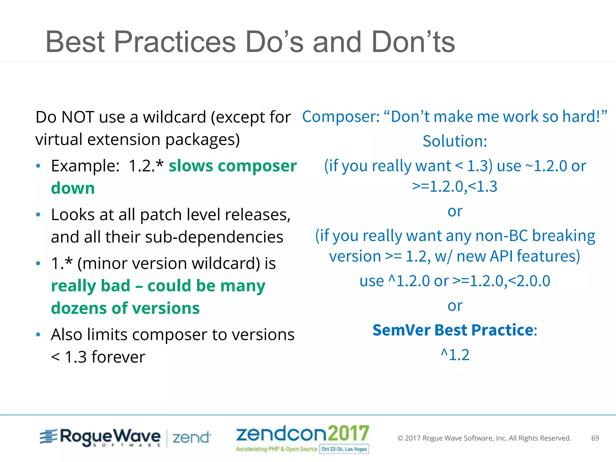 © 2017 Rogue Wave Software, Inc. All Rights Reserved. 69
Best Practices Do’s and Don’ts
Do NOT use a wildcard (except for
virtual extension packages)
• Example: 1.2.* slows composer
down
• Looks at all patch level releases,
and all their sub-dependencies
• 1.* (minor version wildcard) is
really bad – could be many
dozens of versions
• Also limits composer to versions
< 1.3 forever
Composer: “Don’t make me work so hard!”
Solution:
(if you really want < 1.3) use ~1.2.0 or
>=1.2.0,<1.3
or
(if you really want any non-BC breaking
version >= 1.2, w/ new API features)
use ^1.2.0 or >=1.2.0,<2.0.0
or
SemVer Best Practice:
^1.2
 