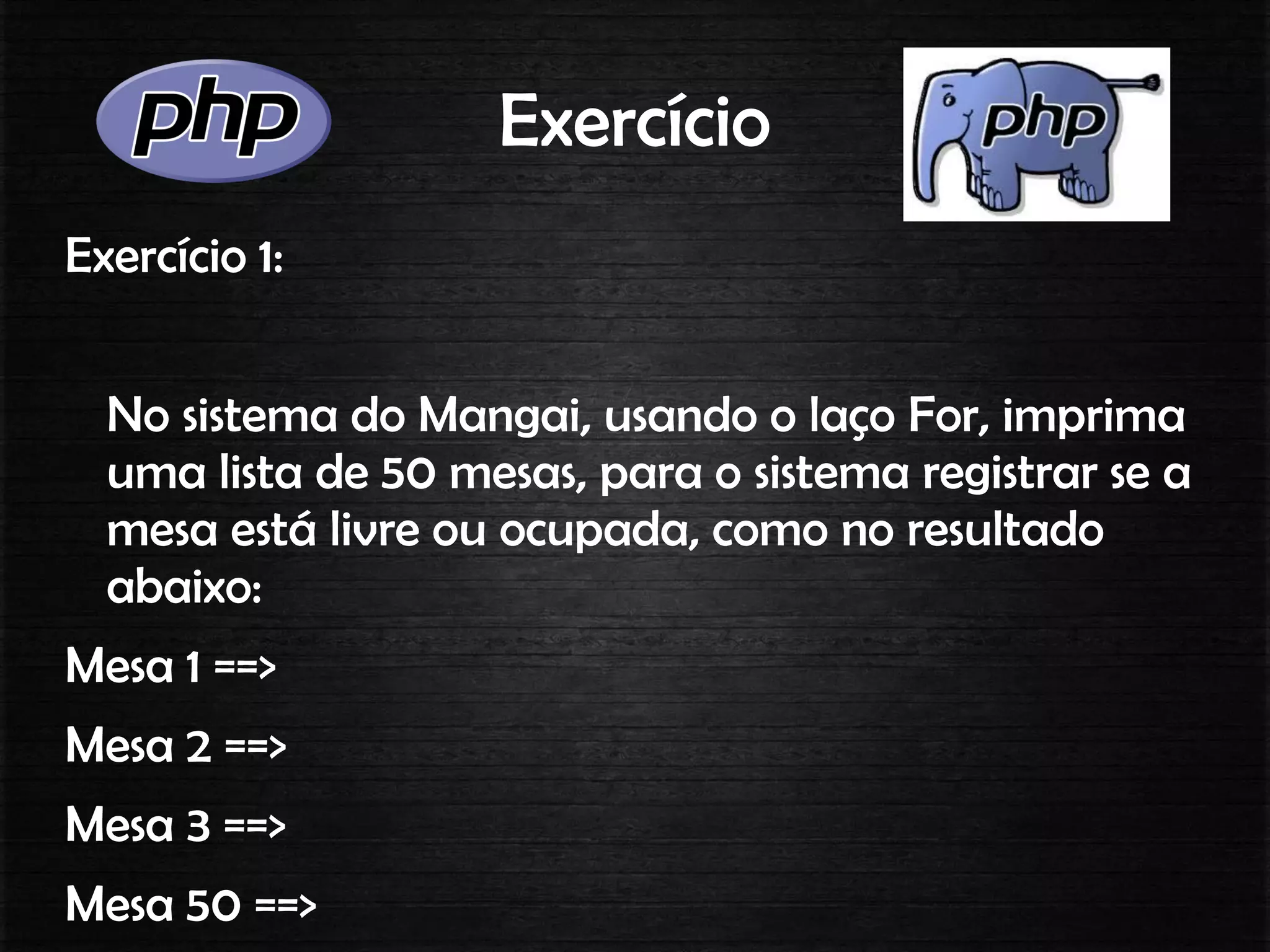 Exercício
Exercício 1:
No sistema do Mangai, usando o laço For, imprima
uma lista de 50 mesas, para o sistema registrar se a
mesa está livre ou ocupada, como no resultado
abaixo:
Mesa 1 ==>
Mesa 2 ==>
Mesa 3 ==>
Mesa 50 ==>
 