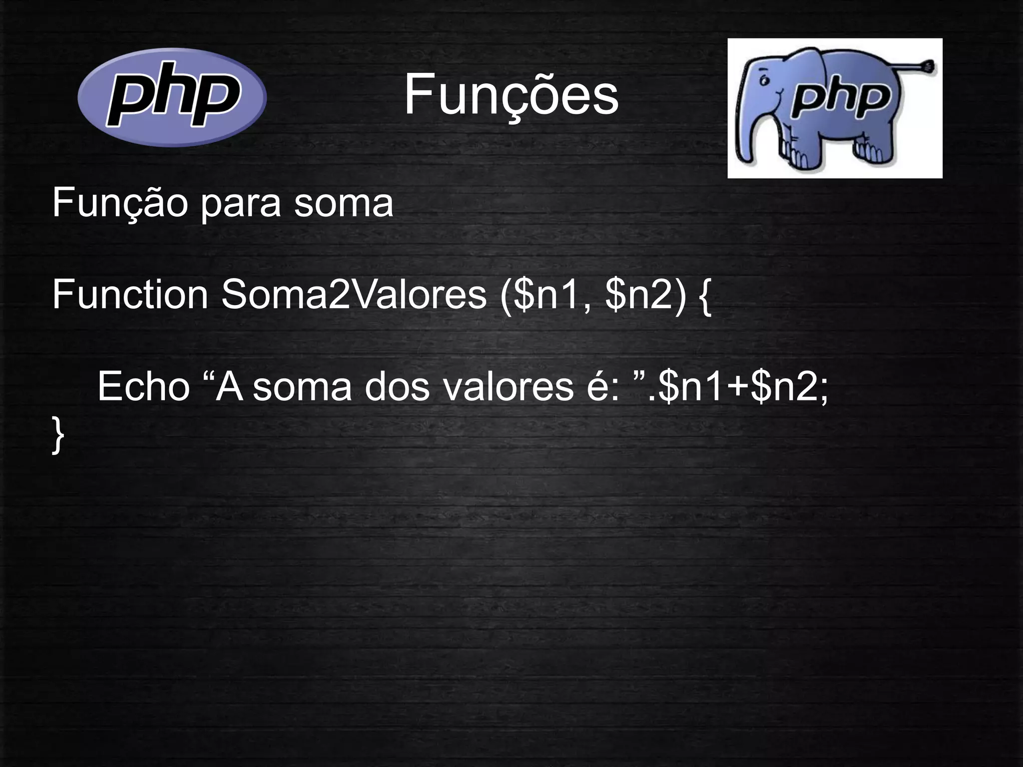 Funções
Função para soma
Function Soma2Valores ($n1, $n2) {
Echo “A soma dos valores é: ”.$n1+$n2;
}
 