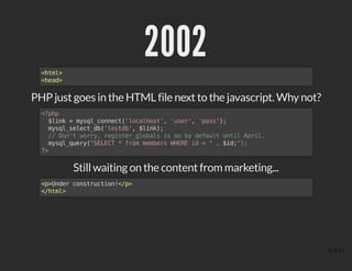 20022002<html>
<head>
PHP just goes in the HTML file next to the javascript. Why not?
<?php
$link = mysql_connect('localhost', 'user', 'pass');
mysql_select_db('testdb', $link);
// Don't worry, register_globals is on by default until April.
mysql_query("SELECT * from members WHERE id = " . $id;");
?>
Still waiting on the content from marketing...
<p>Under construction!</p>
</html>
4 of 43
 