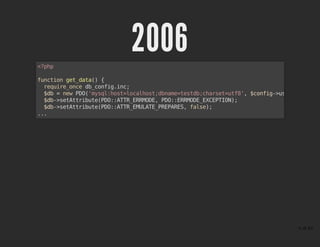 20062006<?php
function get_data() {
require_once db_config.inc;
$db = new PDO('mysql:host=localhost;dbname=testdb;charset=utf8', $config->username,
$db->setAttribute(PDO::ATTR_ERRMODE, PDO::ERRMODE_EXCEPTION);
$db->setAttribute(PDO::ATTR_EMULATE_PREPARES, false);
...
5 of 43
 