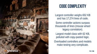 13 / 66
13 / 66
Code Complexity
Largest controller weighs 652 KB
and has 17,274 lines of code.
Some controller actions surpass
thousands of lines (mouse wheel
legacy correlation).
Largest model class with 62 KB,
polluted with copy-pasted logic.
Overloaded controllers and models
make testing very complicate.
 