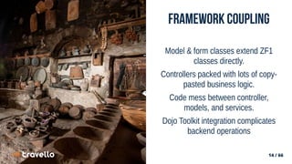 14 / 66
14 / 66
Framework Coupling
Model & form classes extend ZF1
classes directly.
Controllers packed with lots of copy-
pasted business logic.
Code mess between controller,
models, and services.
Dojo Toolkit integration complicates
backend operations
 