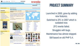 18 / 66
18 / 66
Project Summary
Launched in 2000, grew by adding
new features.
Switched to ZF1 in 2007 which is
outdated now.
ZF2 rewrite failed.
Struggles with bugs.
Maintenance has almost stopped.
Still based on old PHP 5.4.
 