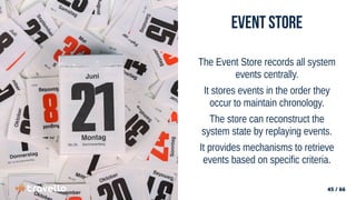 45 / 66
45 / 66
Event Store
The Event Store records all system
events centrally.
It stores events in the order they
occur to maintain chronology.
The store can reconstruct the
system state by replaying events.
It provides mechanisms to retrieve
events based on specific criteria.
 