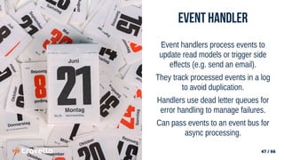 47 / 66
47 / 66
Event Handler
Event handlers process events to
update read models or trigger side
effects (e.g. send an email).
They track processed events in a log
to avoid duplication.
Handlers use dead letter queues for
error handling to manage failures.
Can pass events to an event bus for
async processing.
 