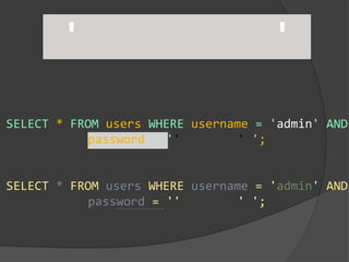 SELECT * FROM users WHERE username = 'admin' AND
password = '' ' ';
' '
SELECT * FROM users WHERE username = 'admin' AND
password = '' ' ';
~~~~~~~~~~~~~~
 