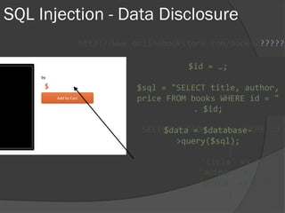 SQL Injection - Data Disclosure
http://www.onlinebookstore.com/books/?????
SELECT * FROM books WHERE id =
$id = …;
$sql = "SELECT title, author,
price FROM books WHERE id = "
. $id;
$data = $database-
>query($sql);
{
'title' => '',
'author' => '',
'price' => 0.00
}
 