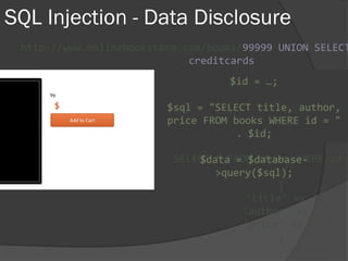 SQL Injection - Data Disclosure
http://www.onlinebookstore.com/books/99999 UNION SELECT
creditcards
SELECT * FROM books WHERE id =
$id = …;
$sql = "SELECT title, author,
price FROM books WHERE id = "
. $id;
$data = $database-
>query($sql);
{
'title' => '',
'author' => '',
'price' => 0.00
}
 