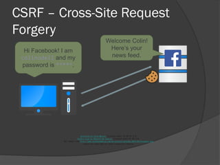 CSRF – Cross-Site Request
Forgery
Hi Facebook! I am
colinodell and my
password is *****.
Welcome Colin!
Here’s your
news feed.
Snipicons by Snip Master licensed under CC BY-NC 3.0.
Cookie icon by Daniele De Santis licensed under CC BY 3.0.
Hat image from http://www.yourdreamblog.com/wp-content/uploads/2013/04/blackhat.png
Logos are copyright of their respective owners.
 