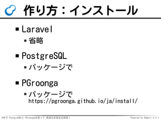 PHPで PostgreSQLと PGroongaを使って 高速日本語全文検索！ Powered by Rabbit 2.2.1
作り方：インストール
Laravel
省略
PostgreSQL
パッケージで
PGroonga
パッケージで
h...