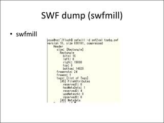 SWF dump (swfmill)
? swfmill
 
