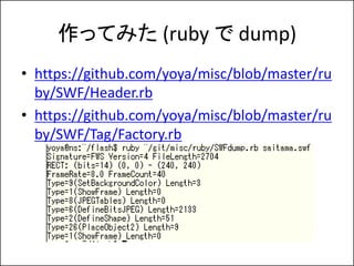 äƤߤ (ruby  dump)
? https://github.com/yoya/misc/blob/master/ru
  by/SWF/Header.rb
? https://github.com/yoya/misc/blob/master/ru
  by/SWF/Tag/Factory.rb
 