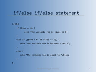 if/else if/else statement
<?php
if ($foo == 0) {
echo ‘The variable foo is equal to 0’;
}
else if (($foo > 0) && ($foo <= 5)) {
echo ‘The variable foo is between 1 and 5’;
}
else {
echo ‘The variable foo is equal to ‘.$foo;
}
?>
Vibrant Technology & computers 51
 