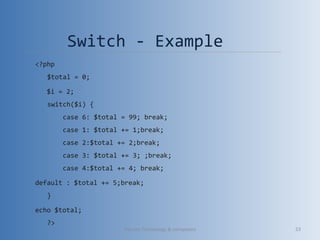 Switch - Example
<?php
$total = 0;
$i = 2;
switch($i) {
case 6: $total = 99; break;
case 1: $total += 1;break;
case 2:$total += 2;break;
case 3: $total += 3; ;break;
case 4:$total += 4; break;
default : $total += 5;break;
}
echo $total;
?>
Vibrant Technology & computers 53
 