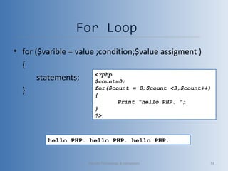 For Loop
• for ($varible = value ;condition;$value assigment )
{
statements;
}
<?php
$count=0;
for($count = 0;$count <3,$count++)
{
Print “hello PHP. ”;
}
?>
hello PHP. hello PHP. hello PHP.
Vibrant Technology & computers 54
 