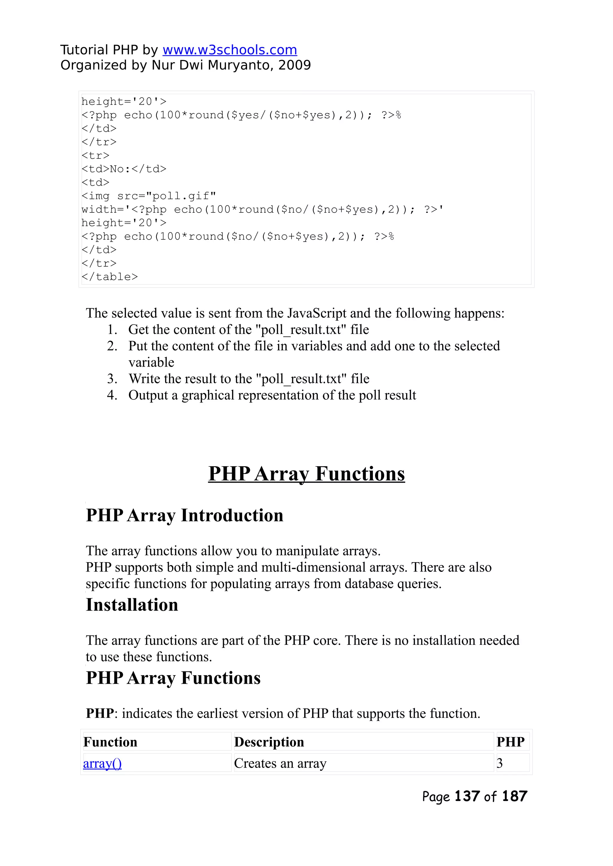 Tutorial PHP by www.w3schools.com Organized by Nur Dwi Muryanto, 2009 height='20'> <?php echo(100*round($yes/($no+$yes),2)); ?>% </td> </tr> <tr> <td>No:</td> <td> <img src="poll.gif" width='<?php echo(100*round($no/($no+$yes),2)); ?>' height='20'> <?php echo(100*round($no/($no+$yes),2)); ?>% </td> </tr> </table> The selected value is sent from the JavaScript and the following happens: 1. Get the content of the "poll_result.txt" file 2. Put the content of the file in variables and add one to the selected variable 3. Write the result to the "poll_result.txt" file 4. Output a graphical representation of the poll result PHPArray Functions PHPArray Introduction The array functions allow you to manipulate arrays. PHP supports both simple and multi-dimensional arrays. There are also specific functions for populating arrays from database queries. Installation The array functions are part of the PHP core. There is no installation needed to use these functions. PHPArray Functions PHP: indicates the earliest version of PHP that supports the function. Function Description PHP array() Creates an array 3 Page 137 of 187 