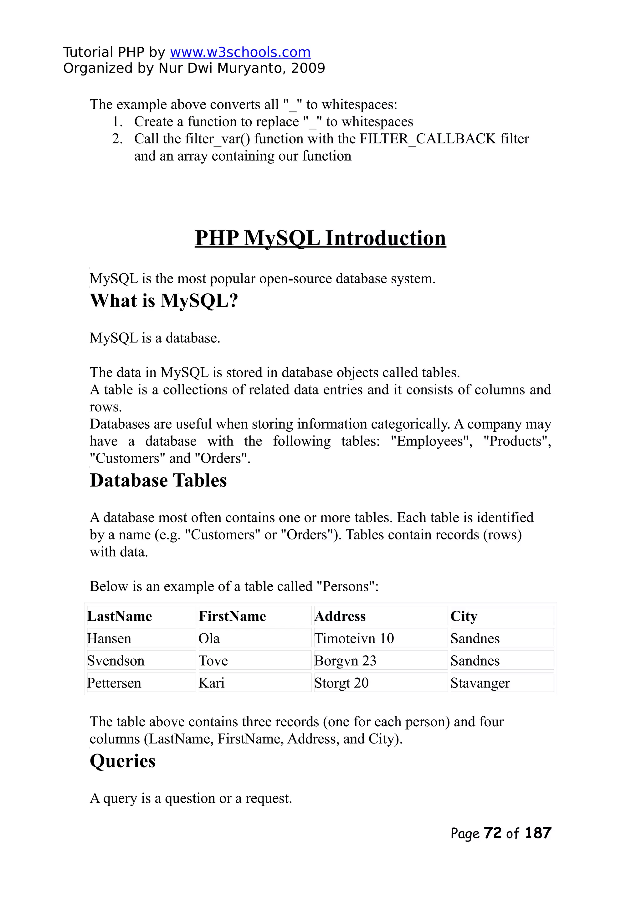 Tutorial PHP by www.w3schools.com Organized by Nur Dwi Muryanto, 2009 The example above converts all "_" to whitespaces: 1. Create a function to replace "_" to whitespaces 2. Call the filter_var() function with the FILTER_CALLBACK filter and an array containing our function PHP MySQL Introduction MySQL is the most popular open-source database system. What is MySQL? MySQL is a database. The data in MySQL is stored in database objects called tables. A table is a collections of related data entries and it consists of columns and rows. Databases are useful when storing information categorically. A company may have a database with the following tables: "Employees", "Products", "Customers" and "Orders". Database Tables A database most often contains one or more tables. Each table is identified by a name (e.g. "Customers" or "Orders"). Tables contain records (rows) with data. Below is an example of a table called "Persons": LastName FirstName Address City Hansen Ola Timoteivn 10 Sandnes Svendson Tove Borgvn 23 Sandnes Pettersen Kari Storgt 20 Stavanger The table above contains three records (one for each person) and four columns (LastName, FirstName, Address, and City). Queries A query is a question or a request. Page 72 of 187 