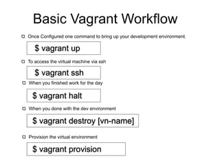 Basic Vagrant Workflow
    How vagrant works
Once Configured one command to bring up your development environment.

   $ vagrant up
To access the virtual machine via ssh

   $ vagrant ssh
When you finished work for the day

  $ vagrant halt
When you done with the dev environment

  $ vagrant destroy [vn-name]
Provision the virtual environment

  $ vagrant provision
 