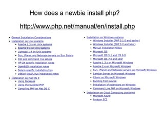 How does a newbie install php?

http://www.php.net/manual/en/install.php
 