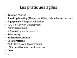 Les pratiques agilesItération / SprintStand Up Meeting (10min: quotidien, même heure, debout)Engagement / ResponsabilisationTDD : Test DrivenDevelopmentPair Programming« Commits » sur barre verteRefactoringIntégration ContinueDesign PatternsTDR : Test DrivenRequirementsLEAN : Amélioration des ProcessusDojo…